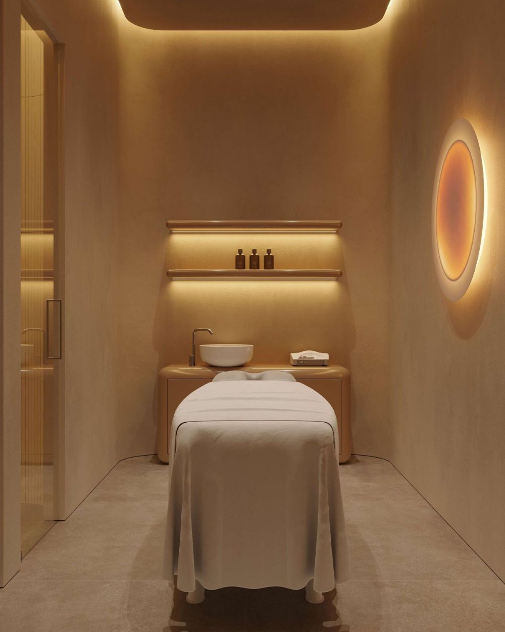 Spa-like treatment room with warm amber lighting and minimalist design