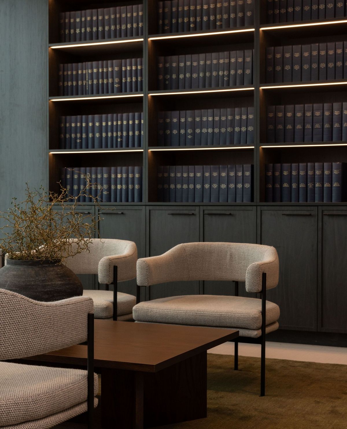 Dark elegant library with law books and modern furnishings