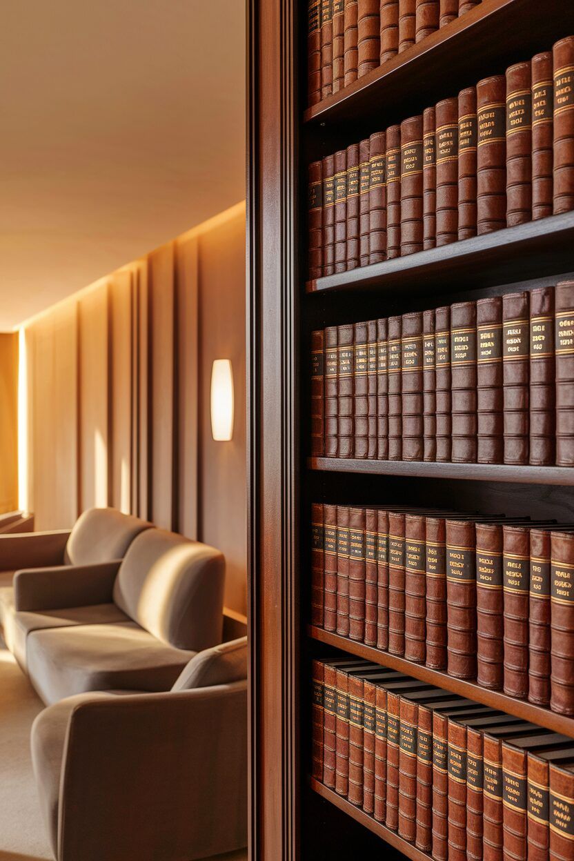 Warm library interior with mahogany shelves and leather-bound law books